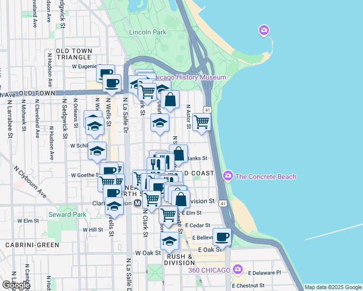 map of restaurants, bars, coffee shops, grocery stores, and more near 1 East Schiller Street in Chicago