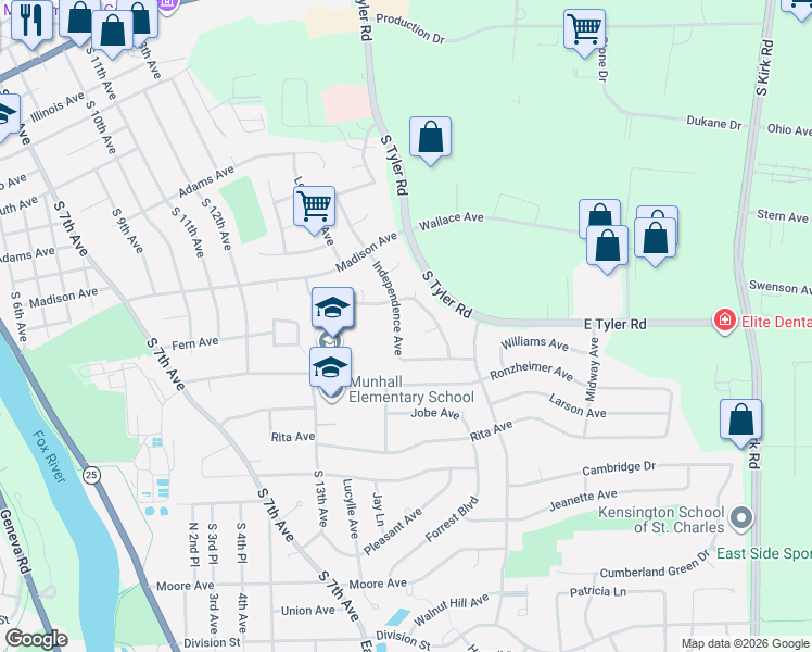 map of restaurants, bars, coffee shops, grocery stores, and more near 1559 Deerfield Court in St. Charles