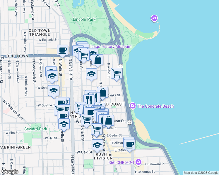map of restaurants, bars, coffee shops, grocery stores, and more near 1365 North Astor Street in Chicago