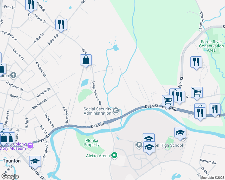 map of restaurants, bars, coffee shops, grocery stores, and more near 110 Dean Street in Taunton