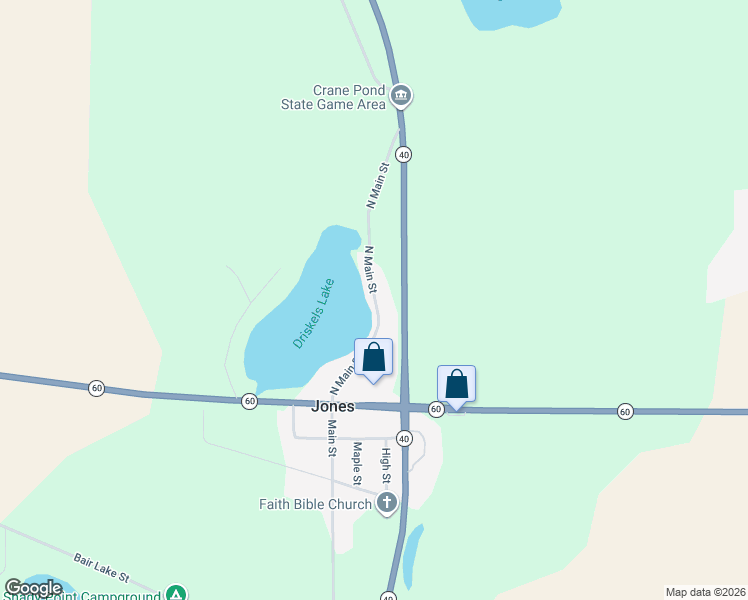 map of restaurants, bars, coffee shops, grocery stores, and more near 61356 Main Street in Jones