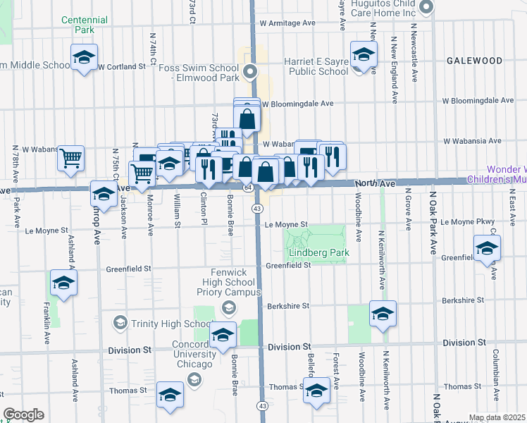 map of restaurants, bars, coffee shops, grocery stores, and more near in Oak Park