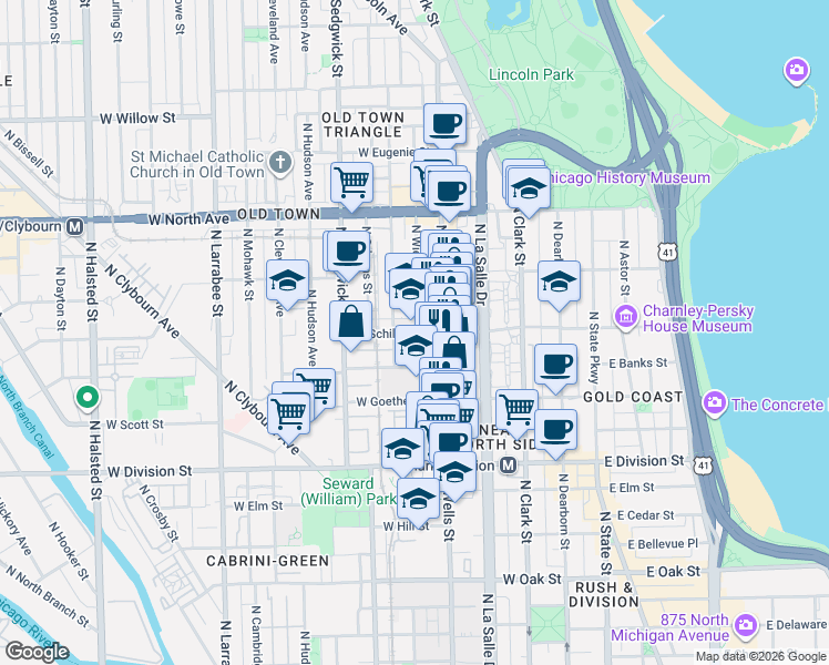 map of restaurants, bars, coffee shops, grocery stores, and more near 1331-1399 North North Park Avenue in Chicago