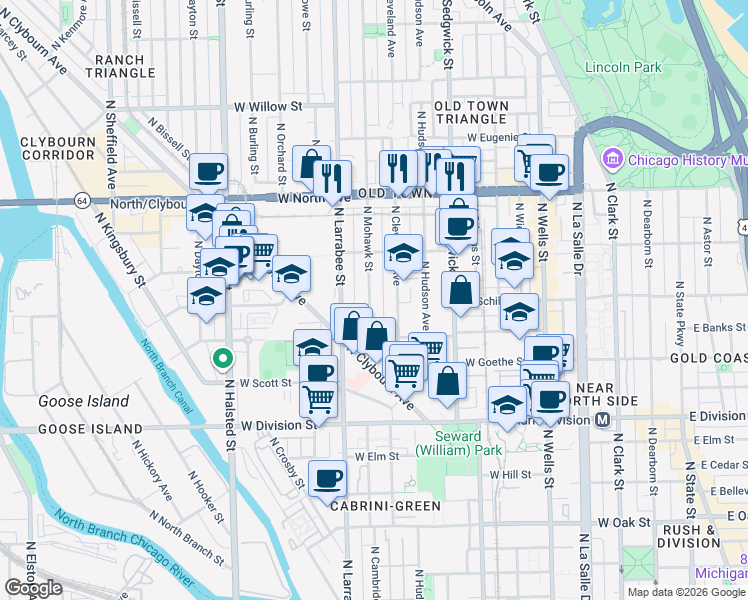 map of restaurants, bars, coffee shops, grocery stores, and more near 1347 North Mohawk Street in Chicago