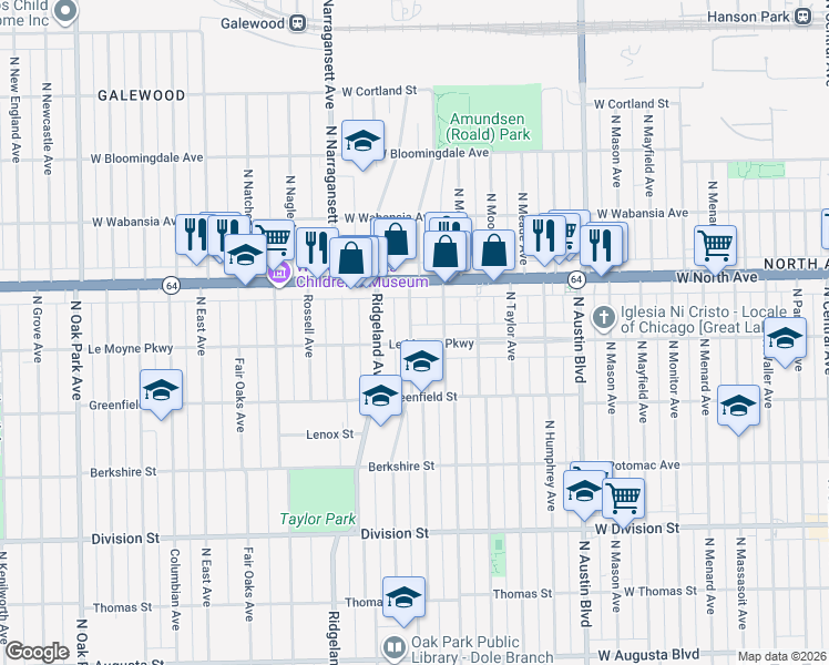 map of restaurants, bars, coffee shops, grocery stores, and more near 222 Le Moyne Parkway in Oak Park