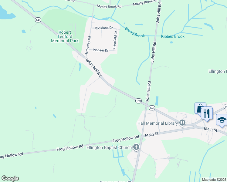map of restaurants, bars, coffee shops, grocery stores, and more near 18 Sadds Mill Road in Ellington