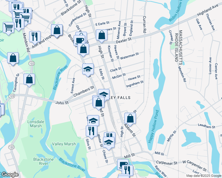 map of restaurants, bars, coffee shops, grocery stores, and more near in Cumberland