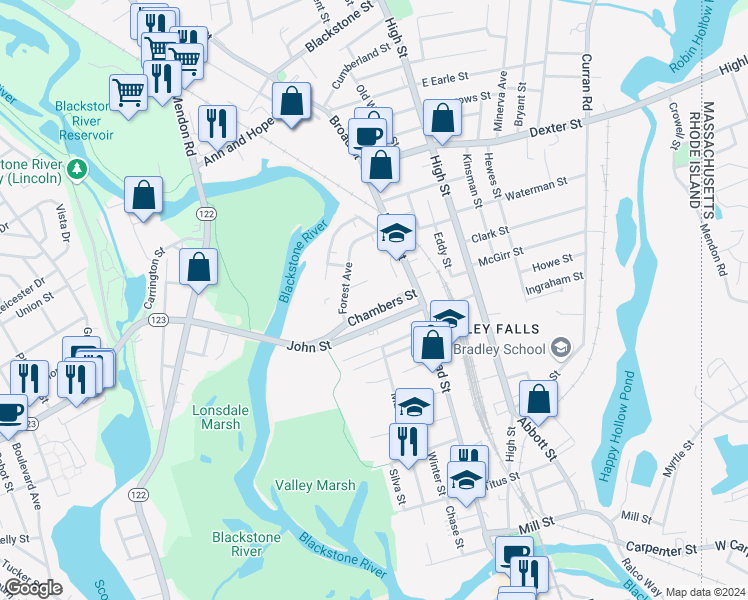 map of restaurants, bars, coffee shops, grocery stores, and more near 38 John Street in Cumberland