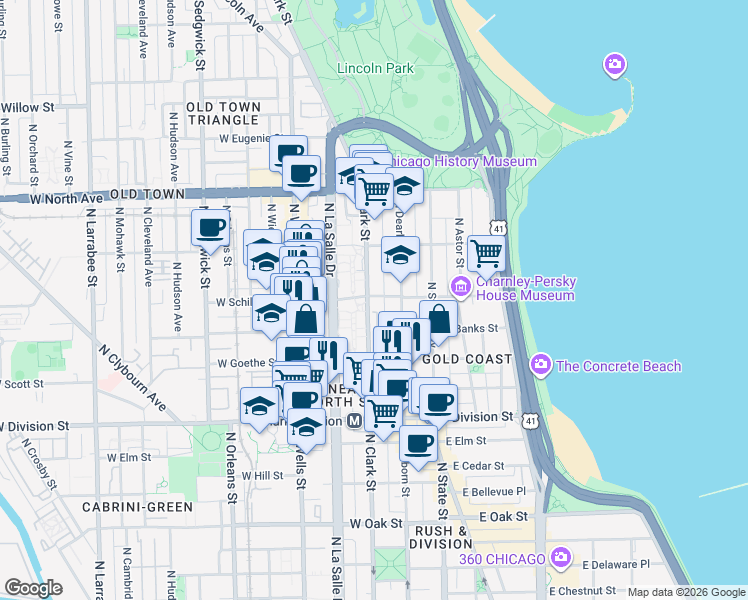 map of restaurants, bars, coffee shops, grocery stores, and more near 1336 North Clark Street in Chicago