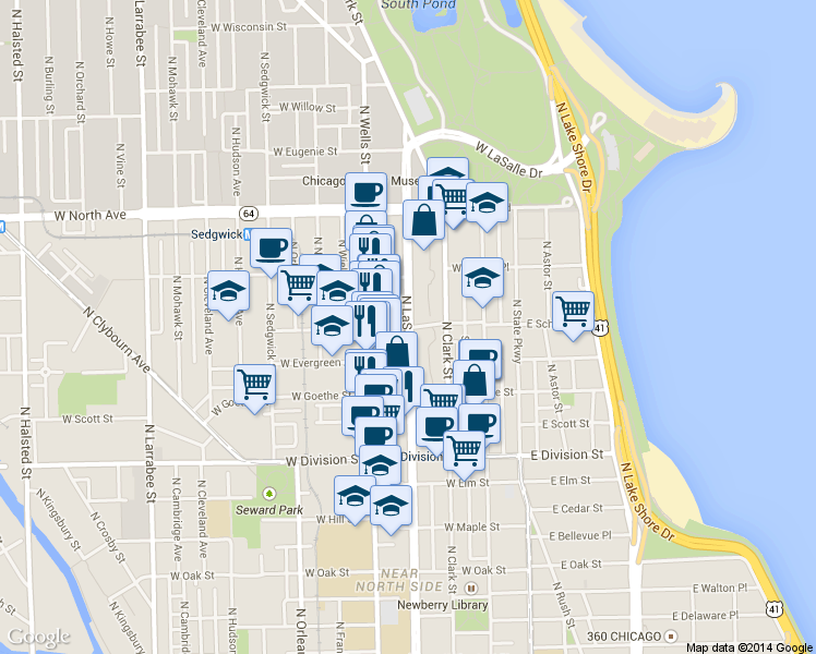 map of restaurants, bars, coffee shops, grocery stores, and more near 1330 North LaSalle Street in Chicago