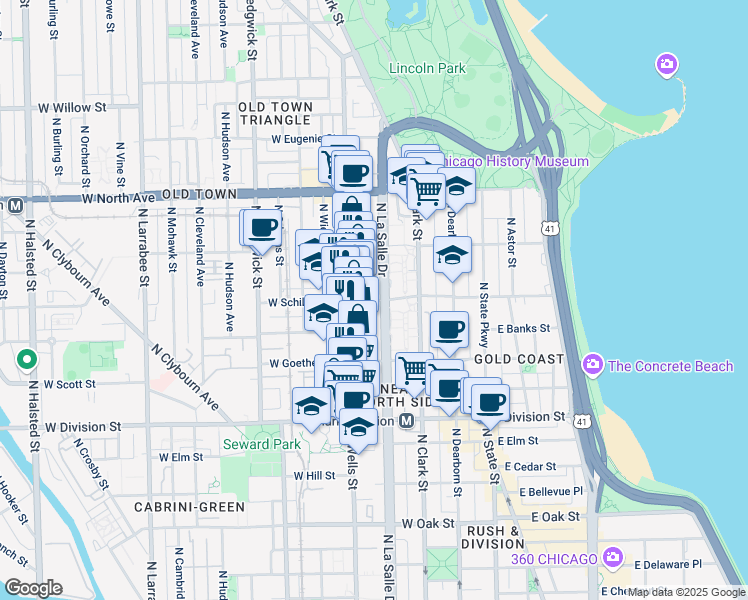 map of restaurants, bars, coffee shops, grocery stores, and more near 1330 North LaSalle Street in Chicago