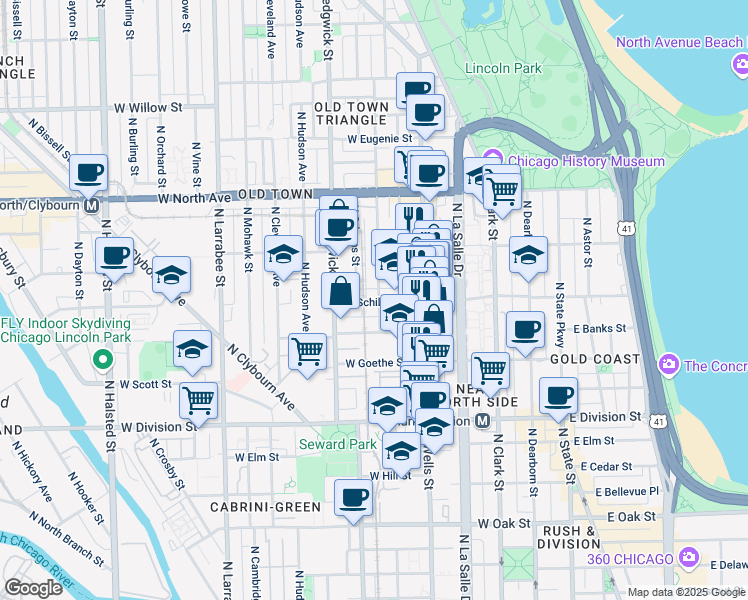 map of restaurants, bars, coffee shops, grocery stores, and more near 324 West Evergreen Avenue in Chicago