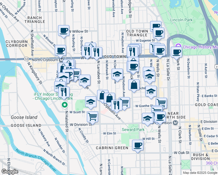 map of restaurants, bars, coffee shops, grocery stores, and more near 1347 North Mohawk Street in Chicago