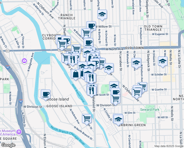 map of restaurants, bars, coffee shops, grocery stores, and more near in Chicago