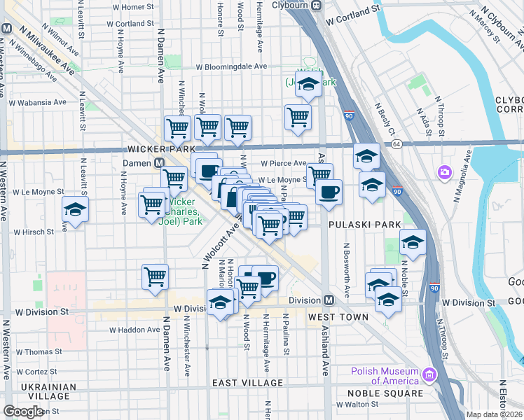 map of restaurants, bars, coffee shops, grocery stores, and more near 1383 North Milwaukee Avenue in Chicago