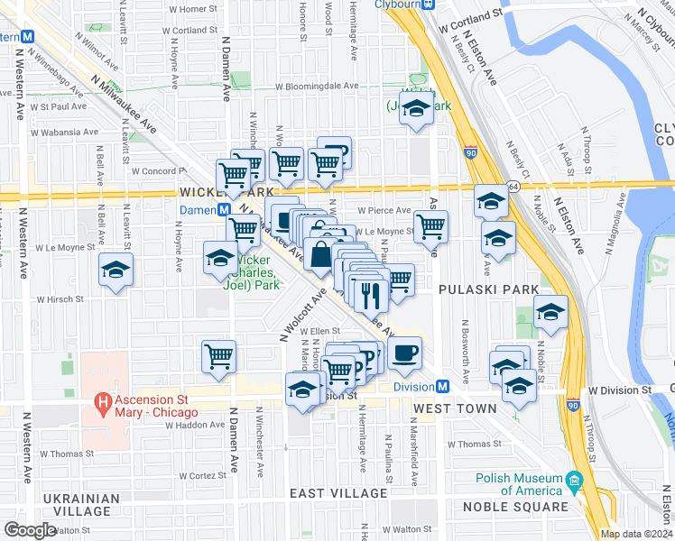 map of restaurants, bars, coffee shops, grocery stores, and more near 1383 North Milwaukee Avenue in Chicago