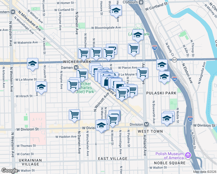 map of restaurants, bars, coffee shops, grocery stores, and more near 1376 North Wolcott Avenue in Chicago