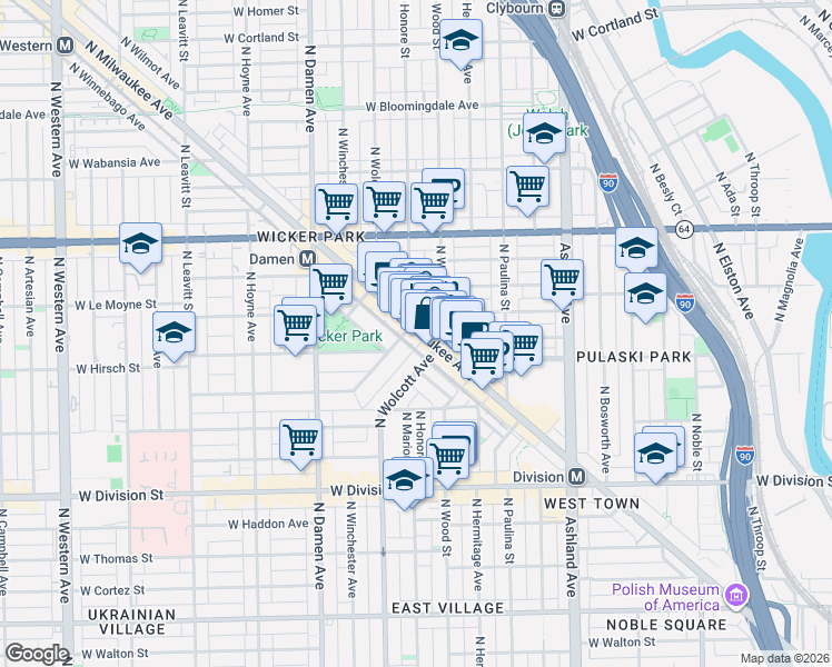 map of restaurants, bars, coffee shops, grocery stores, and more near 1376 North Wolcott Avenue in Chicago