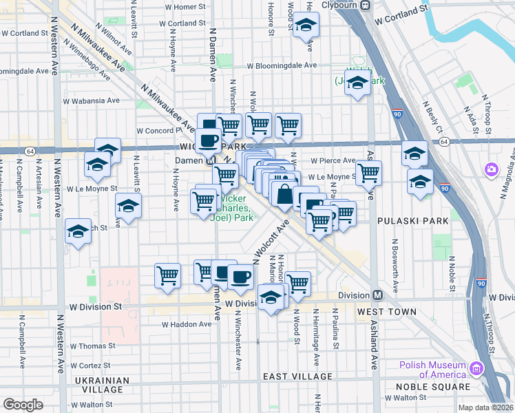 map of restaurants, bars, coffee shops, grocery stores, and more near 1901 West Schiller Street in Chicago
