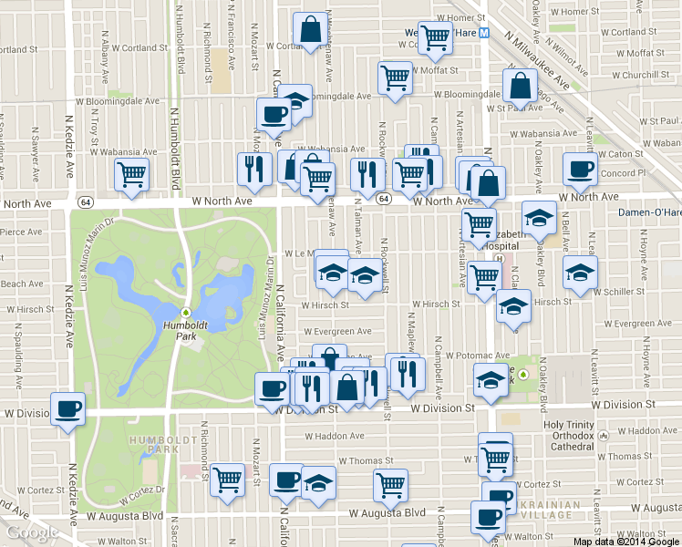 map of restaurants, bars, coffee shops, grocery stores, and more near 1410 North Washtenaw Avenue in Chicago