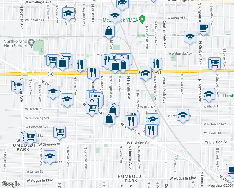 map of restaurants, bars, coffee shops, grocery stores, and more near 1422 North Avers Avenue in Chicago