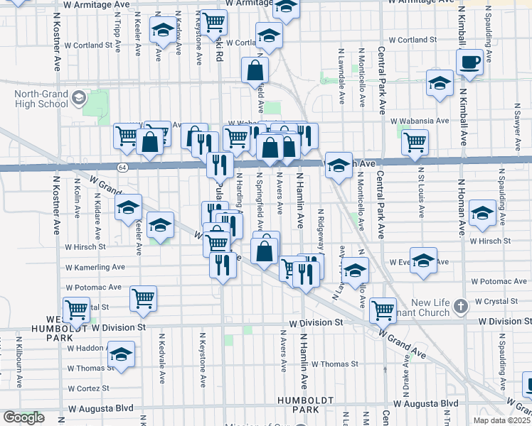 map of restaurants, bars, coffee shops, grocery stores, and more near 1422 North Avers Avenue in Chicago