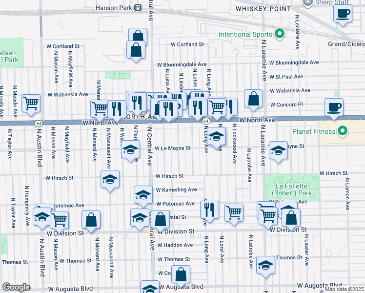 map of restaurants, bars, coffee shops, grocery stores, and more near 1438 North Linder Avenue in Chicago