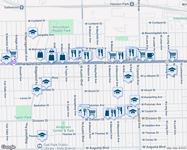 map of restaurants, bars, coffee shops, grocery stores, and more near 1447 North Mason Avenue in Chicago