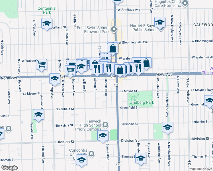 map of restaurants, bars, coffee shops, grocery stores, and more near 1447 Bonnie Brae in River Forest