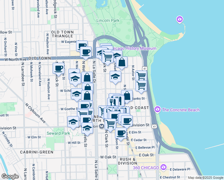map of restaurants, bars, coffee shops, grocery stores, and more near 1366 North Dearborn Street in Chicago
