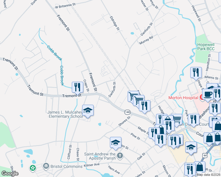 map of restaurants, bars, coffee shops, grocery stores, and more near 93 Tremont Street in Taunton