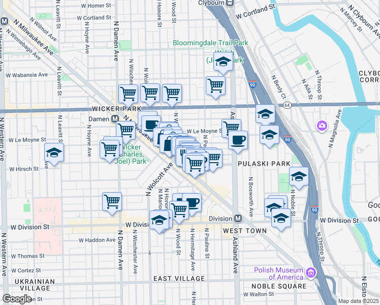 map of restaurants, bars, coffee shops, grocery stores, and more near 1383 North Milwaukee Avenue in Chicago