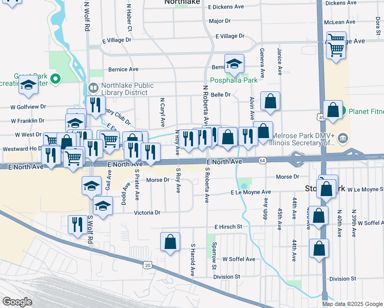 map of restaurants, bars, coffee shops, grocery stores, and more near 205 North Avenue in Northlake