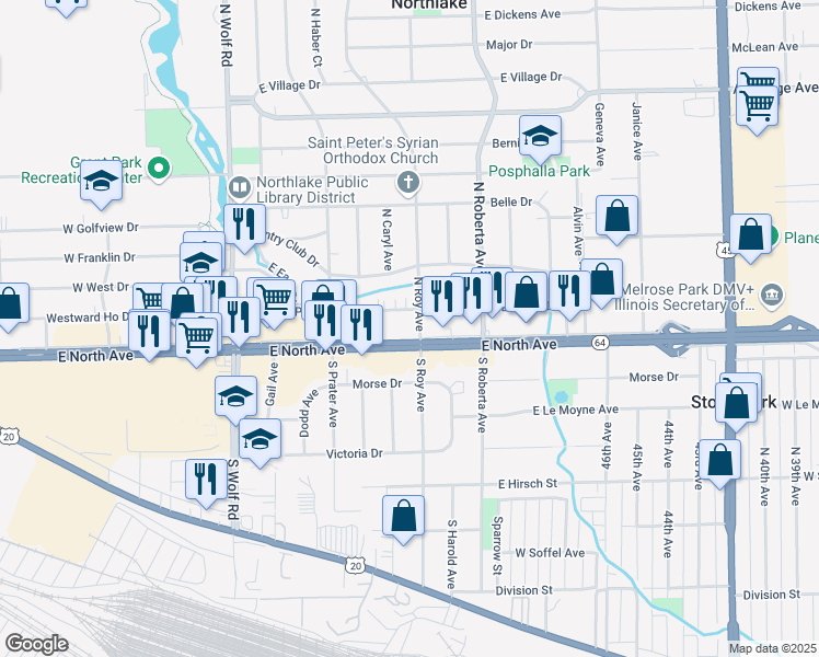 map of restaurants, bars, coffee shops, grocery stores, and more near 2318 North Avenue in Melrose Park
