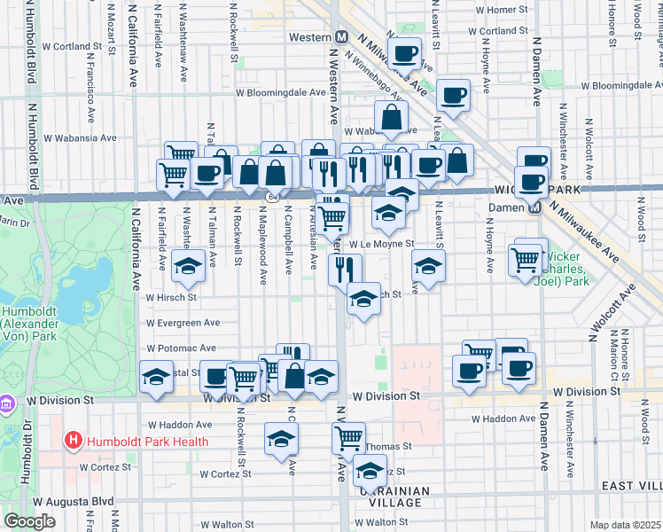 map of restaurants, bars, coffee shops, grocery stores, and more near in Chicago