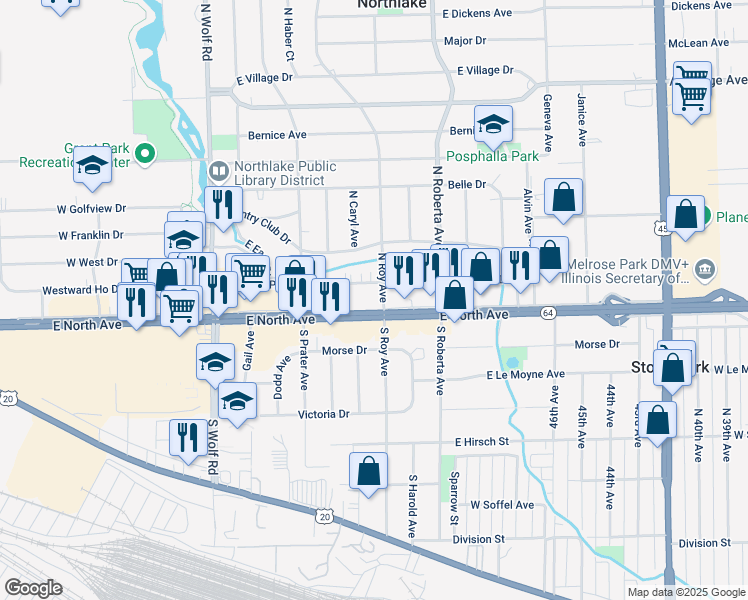 map of restaurants, bars, coffee shops, grocery stores, and more near 2318 North Avenue in Melrose Park
