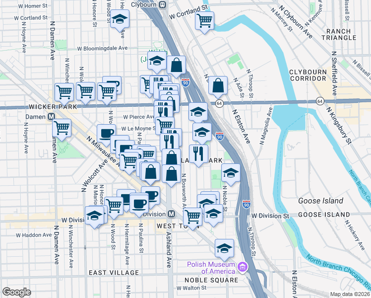 map of restaurants, bars, coffee shops, grocery stores, and more near 1425 North Bosworth Avenue in Chicago