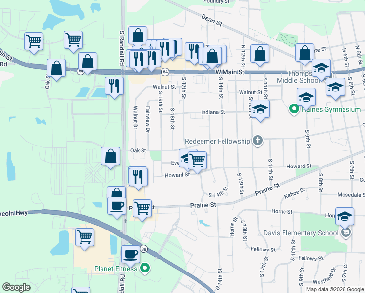 map of restaurants, bars, coffee shops, grocery stores, and more near 237 South 17th Street in St. Charles