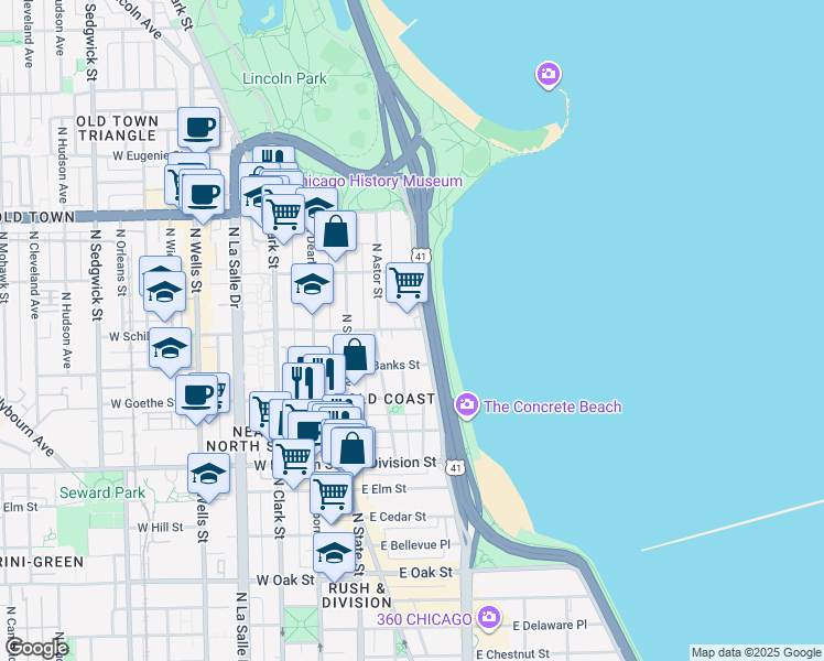 map of restaurants, bars, coffee shops, grocery stores, and more near 1350 North Lake Shore Drive in Chicago