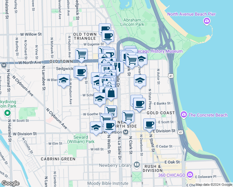 map of restaurants, bars, coffee shops, grocery stores, and more near 1450 North LaSalle Drive in Chicago