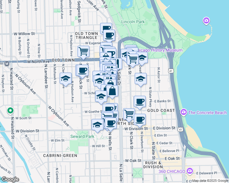 map of restaurants, bars, coffee shops, grocery stores, and more near 1429 North Wells Street in Chicago