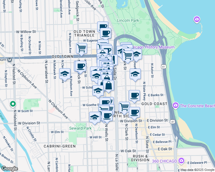 map of restaurants, bars, coffee shops, grocery stores, and more near 1429 North Wells Street in Chicago