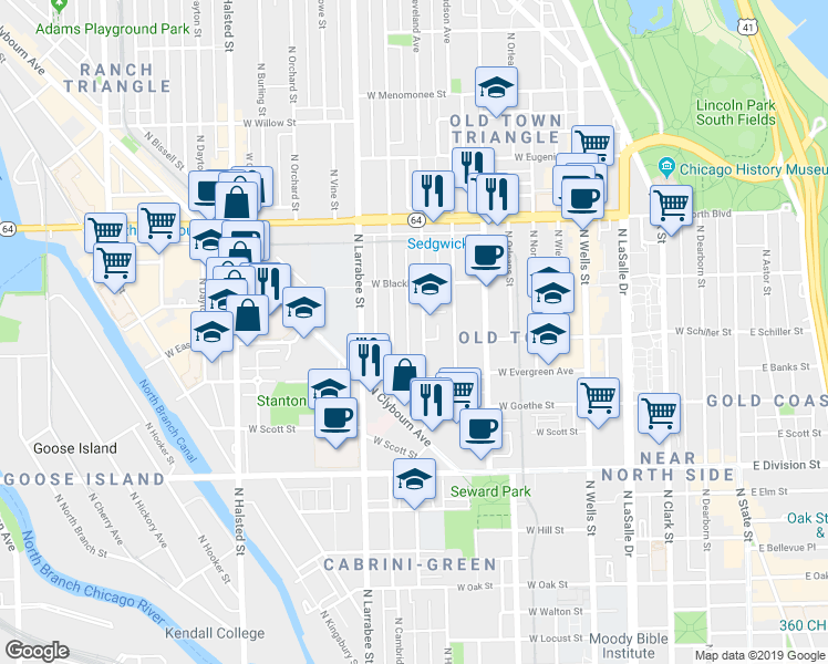 map of restaurants, bars, coffee shops, grocery stores, and more near 1429 North Mohawk Street in Chicago