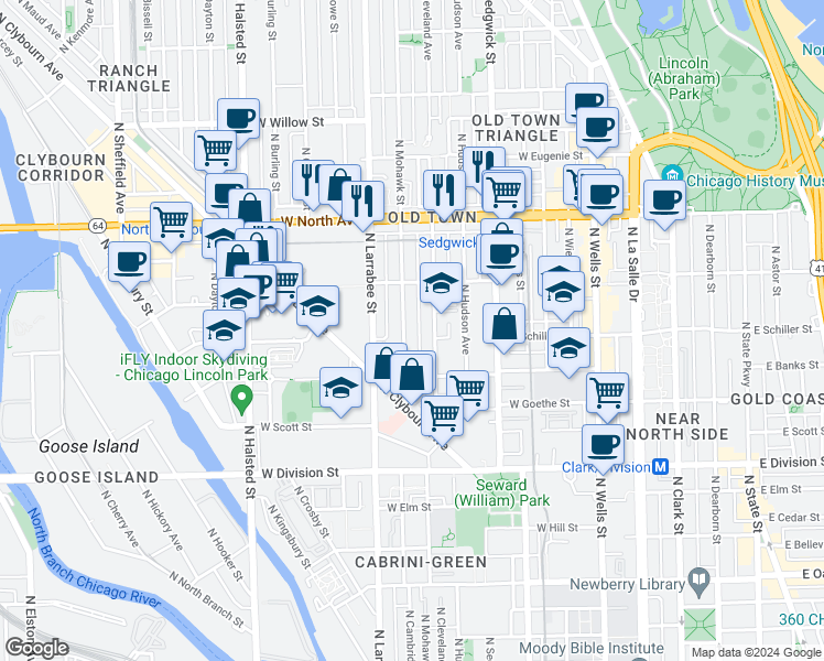 map of restaurants, bars, coffee shops, grocery stores, and more near 1429 North Mohawk Street in Chicago