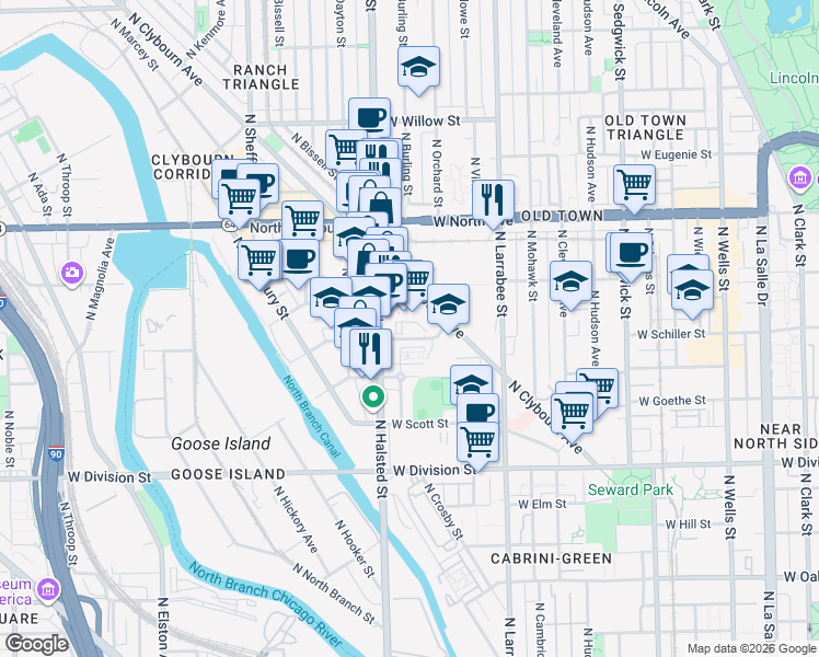 map of restaurants, bars, coffee shops, grocery stores, and more near 1500 North Clybourn Avenue in Chicago