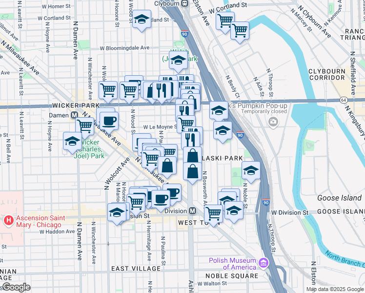map of restaurants, bars, coffee shops, grocery stores, and more near in Chicago