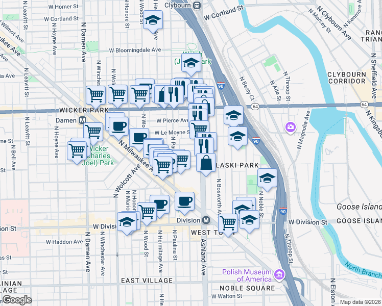map of restaurants, bars, coffee shops, grocery stores, and more near 1632 West Julian Street in Chicago