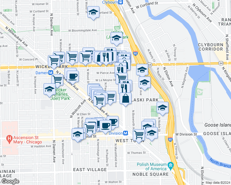 map of restaurants, bars, coffee shops, grocery stores, and more near 1632 West Julian Street in Chicago