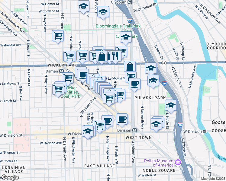 map of restaurants, bars, coffee shops, grocery stores, and more near in Chicago