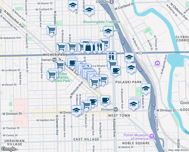 map of restaurants, bars, coffee shops, grocery stores, and more near in Chicago